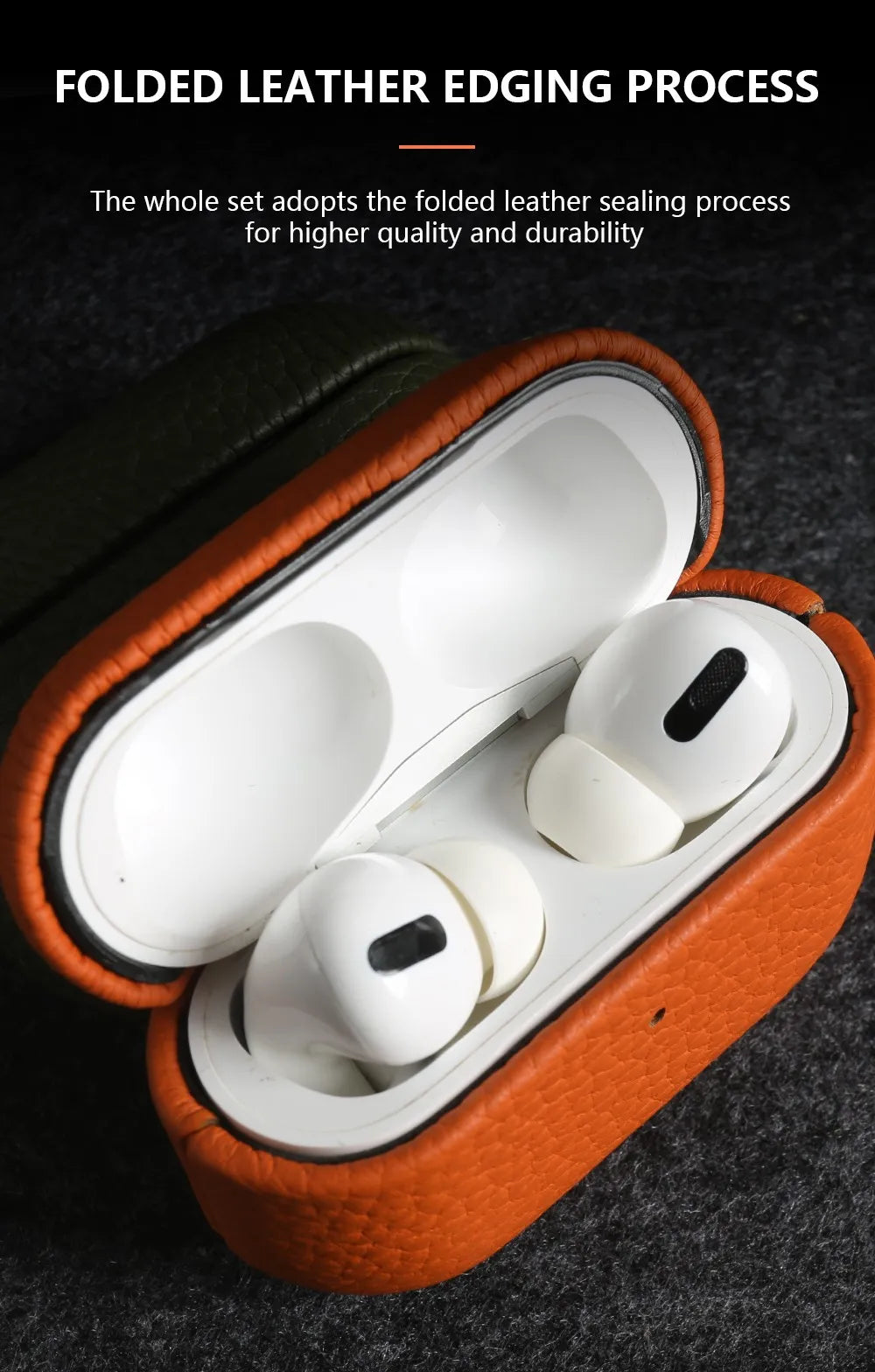 Amber Glow leather AirPods case, open with earbuds inside and hinged lid on top