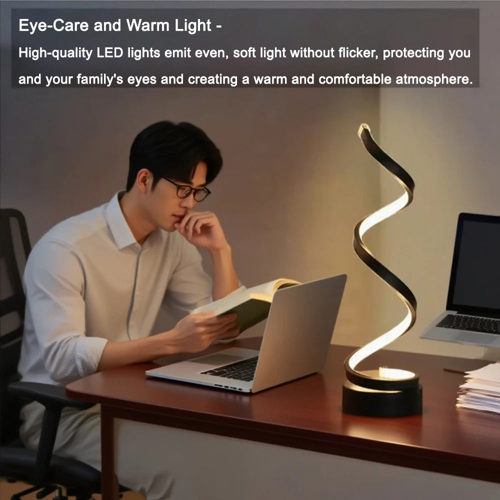 Spiral dimmable LED bedside lamp glowing warm white in a zigzag curve; black base