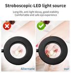 Black circular LED reading lamp ring, close-up of the glowing ring frame