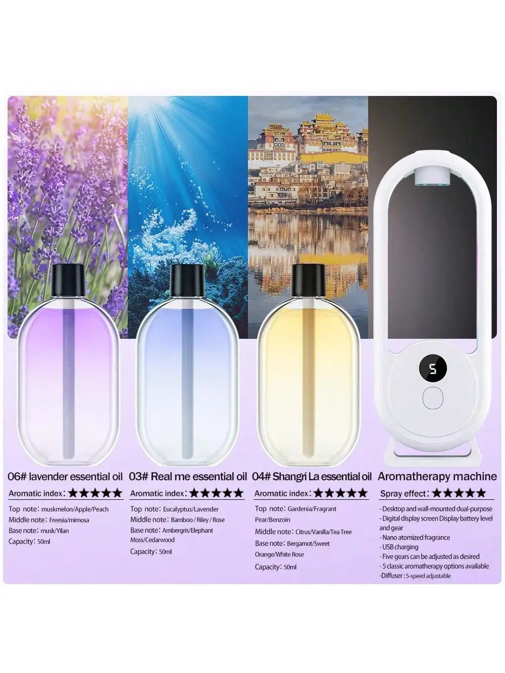 Lavender, sky-blue, and yellow essential oil refill bottles with aroma diffuser