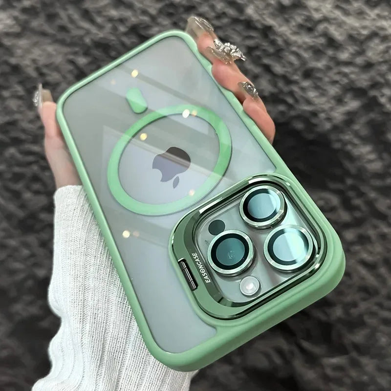 Light green phone case with magnetic lens ring and triple camera cover, mint-green frame