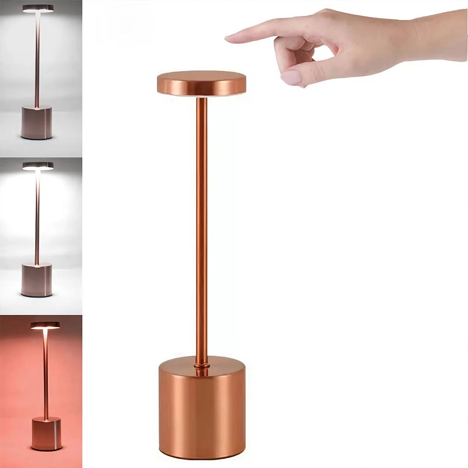Copper rose cordless reading lamp with touch top, finger pressing for light
