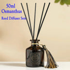 50ml Osmanthus reed diffuser bottle with black reeds and tied tassel cap
