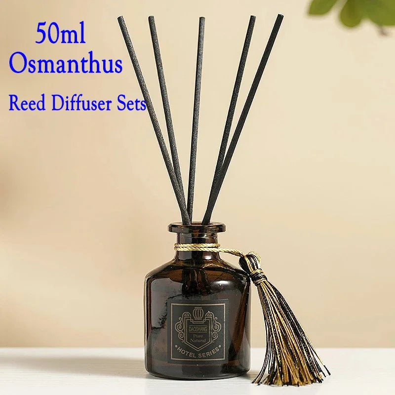 50ml Osmanthus reed diffuser bottle with black reeds and tied tassel cap
