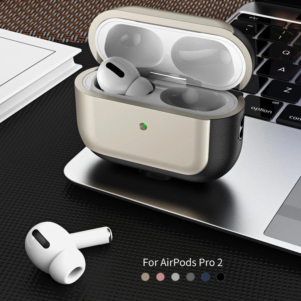 Open champagne gold AirPods case with black leather sides and AirPods Pro earbuds inside