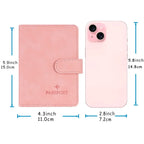 Blush pink passport wallet with size diagram beside smartphone