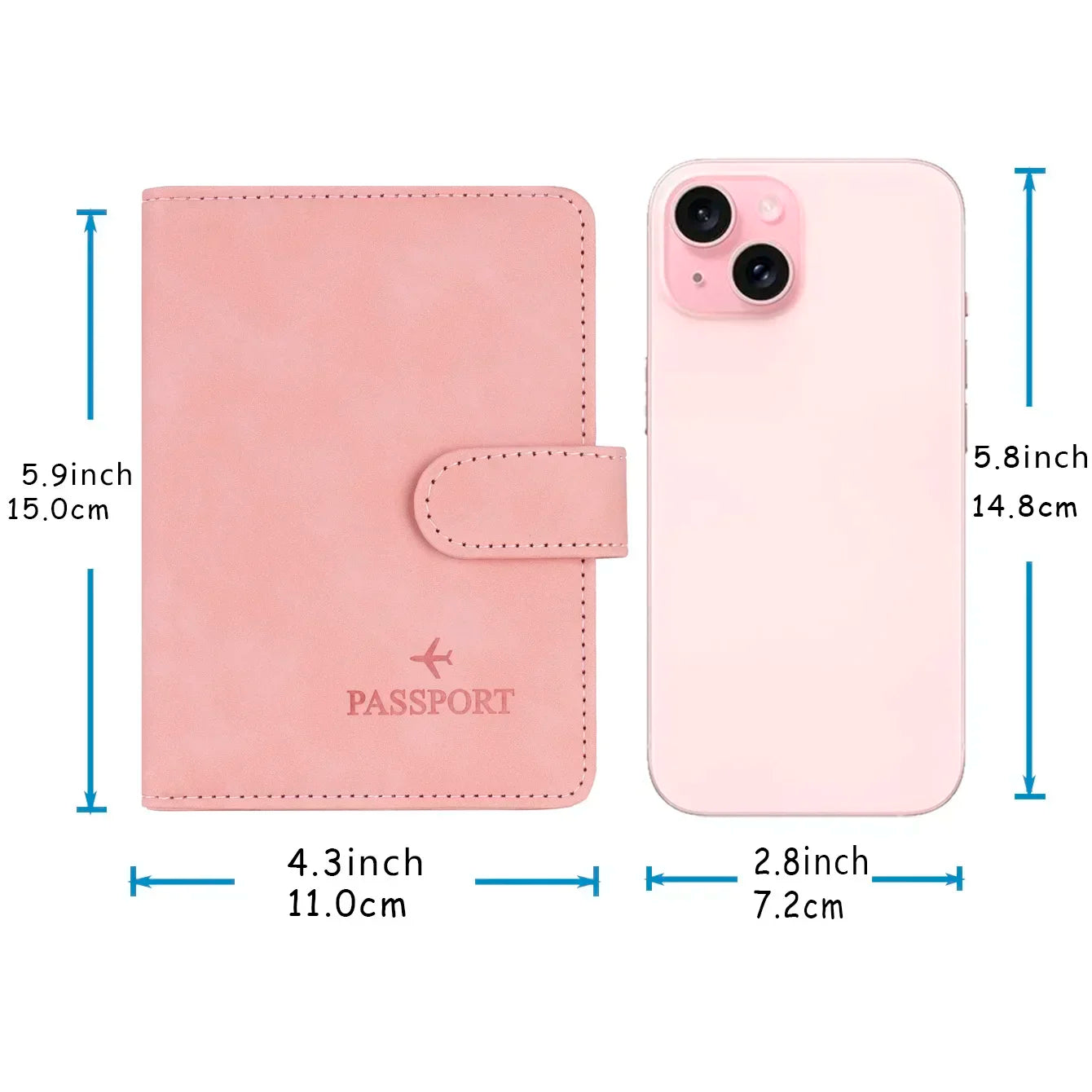 Blush pink passport wallet with size diagram beside smartphone