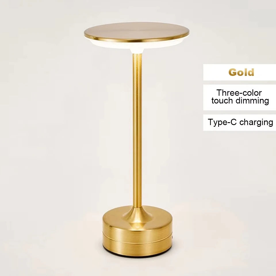 Gold cordless reading lamp with three-color touch dimming, round top and base