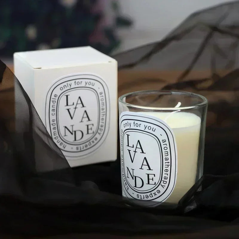 Romantic glass jar scented candle set with box; white wax and lit wick