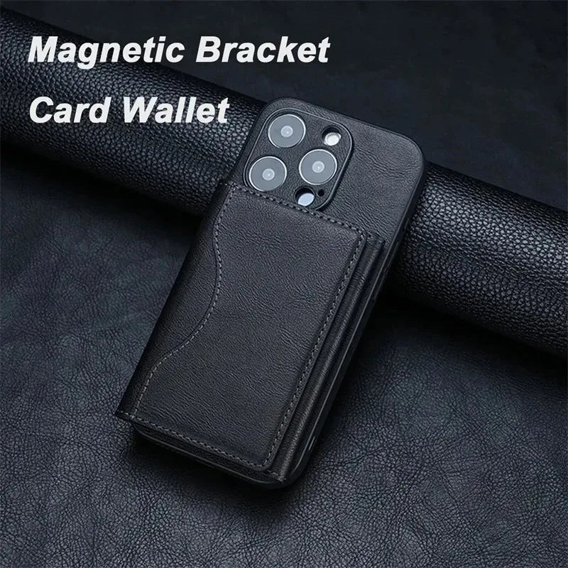 Black magnetic bracket card wallet with card pocket and phone camera cutouts