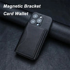 Black magnetic bracket card wallet with card pocket and phone camera cutouts