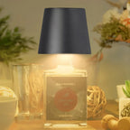 Black wine bottle LED lamp glowing warm white in a glass bottle display