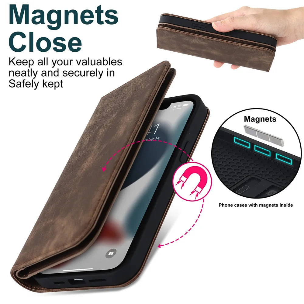 Brown MagSafe flip wallet with magnetic closure, cover folded over phone