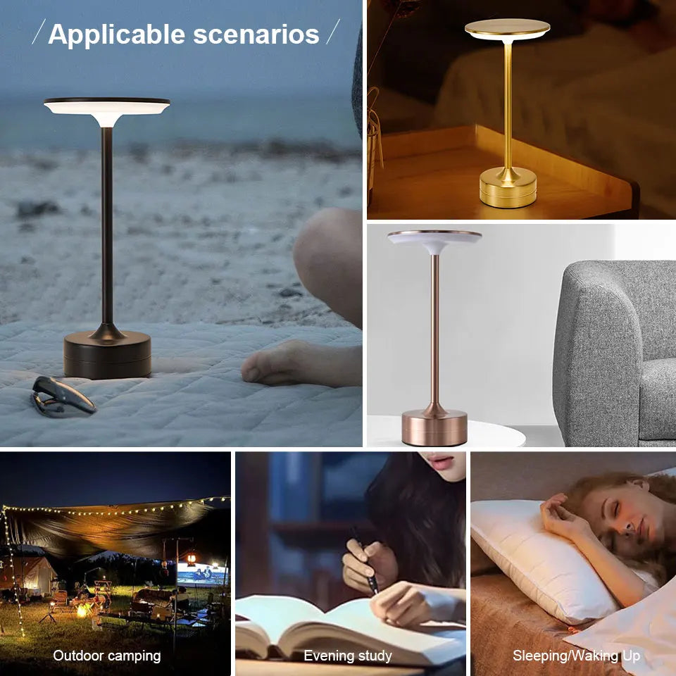 Cordless reading lamp in gold and dark finishes, tall stem with round top and base