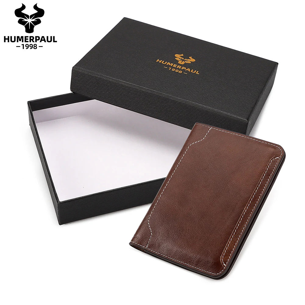 Slim leather passport wallet with gift box: dark brown wallet, contrast stitched edges