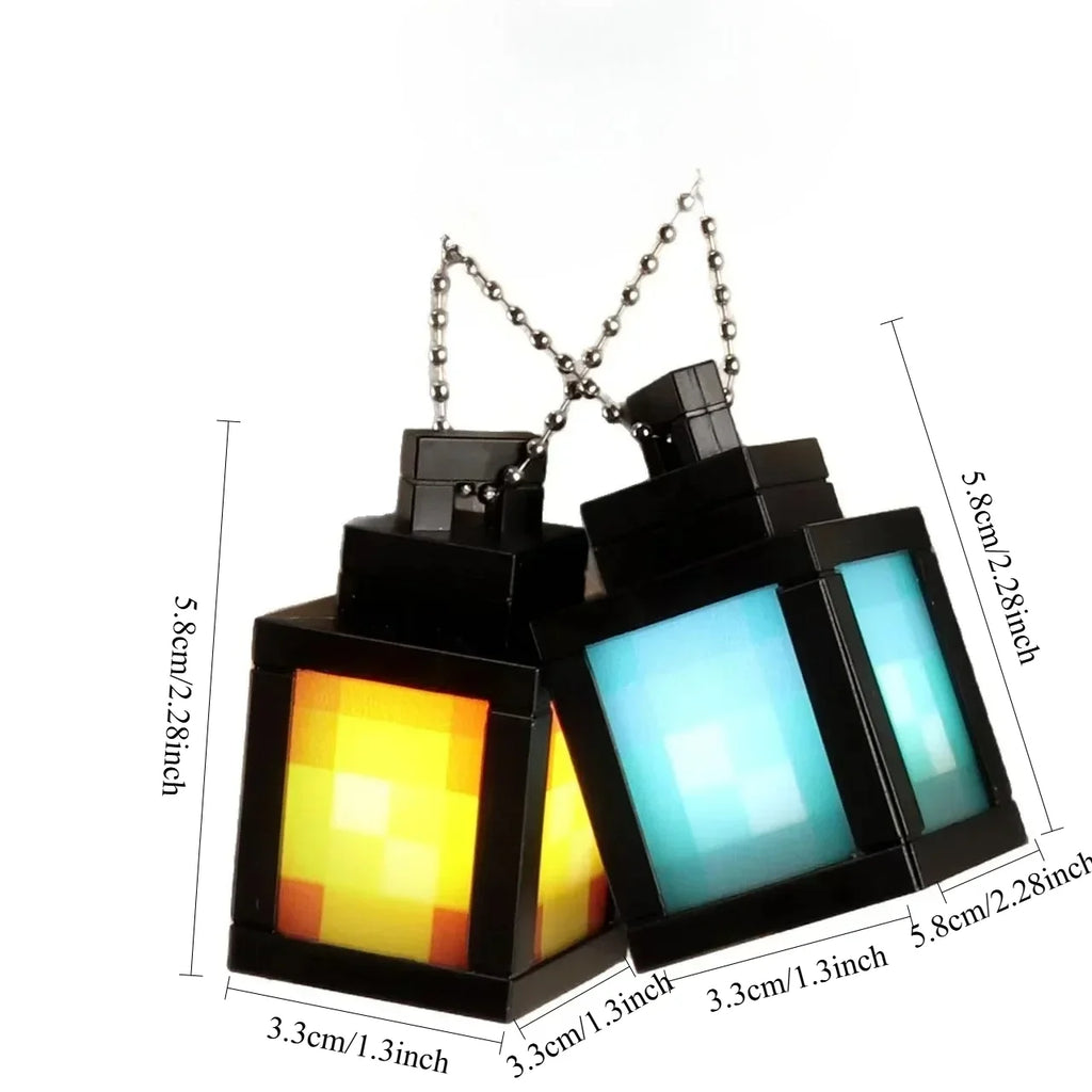 Two-panel pixel lantern night light with chain, showing yellow and blue glowing windows