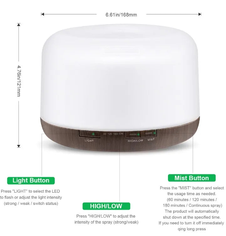 White aroma diffuser humidifier, front view with dark wood base and light control buttons