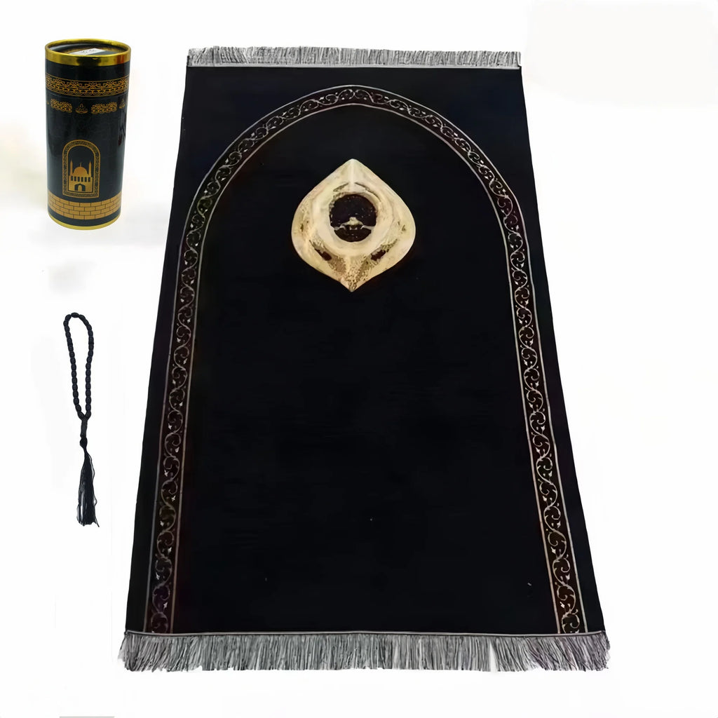 Dark prayer rug with arched mihrab ornament, gold details, and silver fringe border