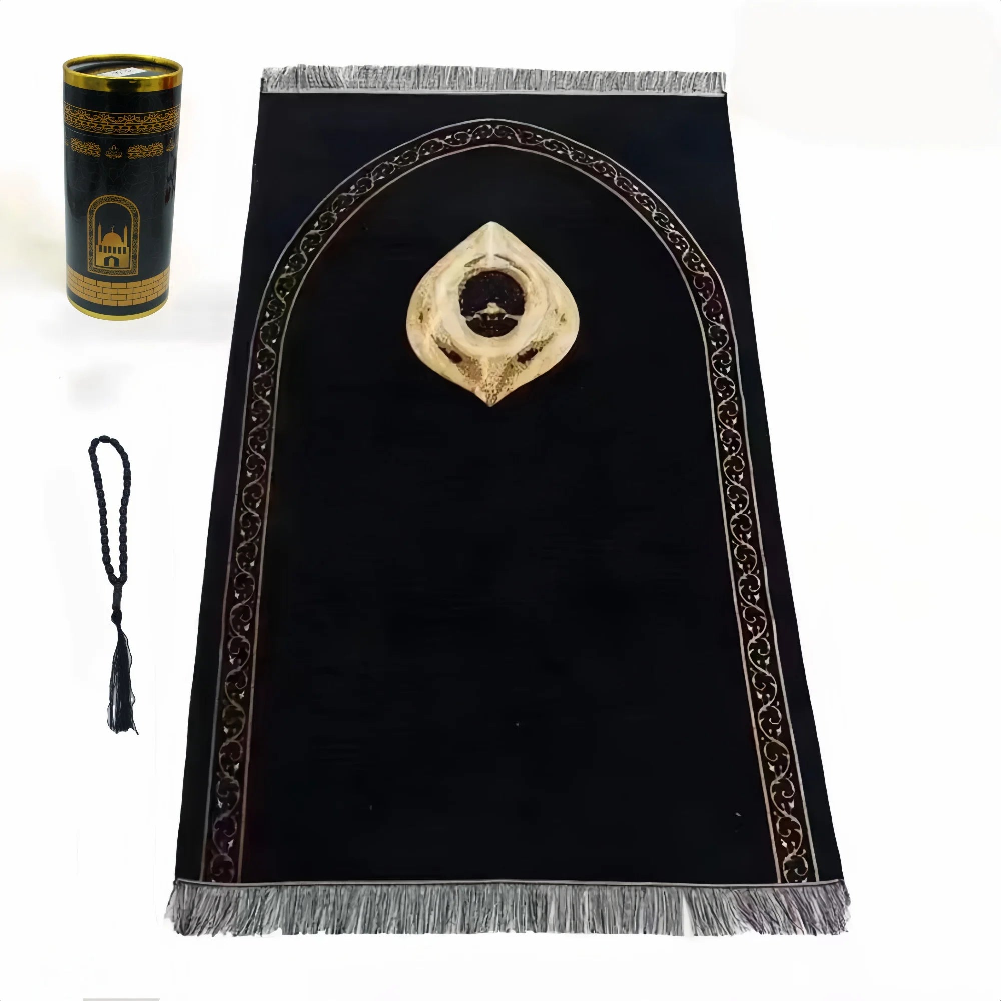 Dark prayer rug with arched mihrab ornament, gold details, and silver fringe border