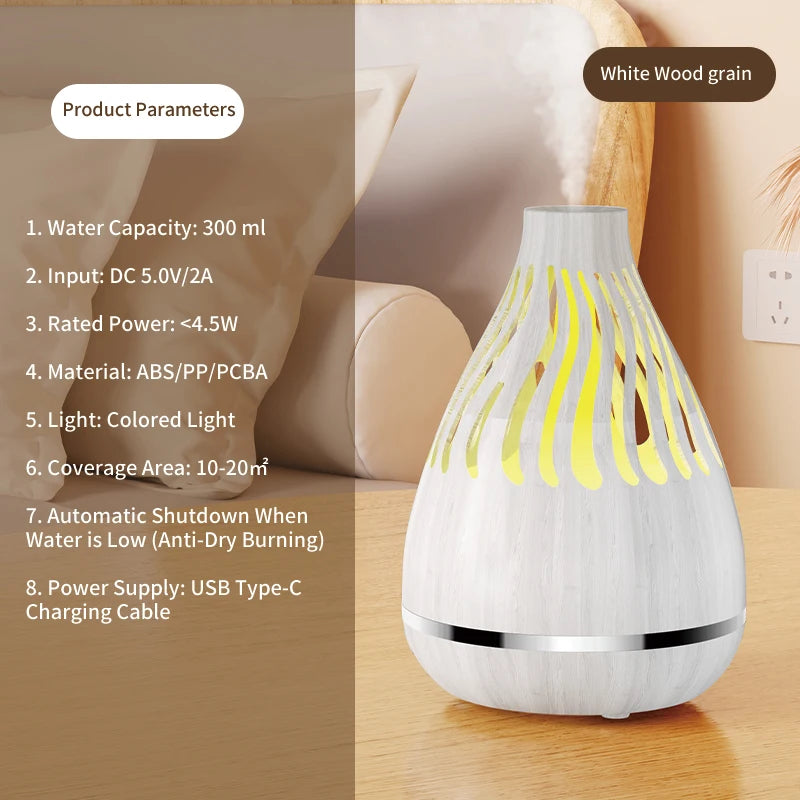 White wood grain aroma diffuser with yellow glowing mist vents, releasing mist.