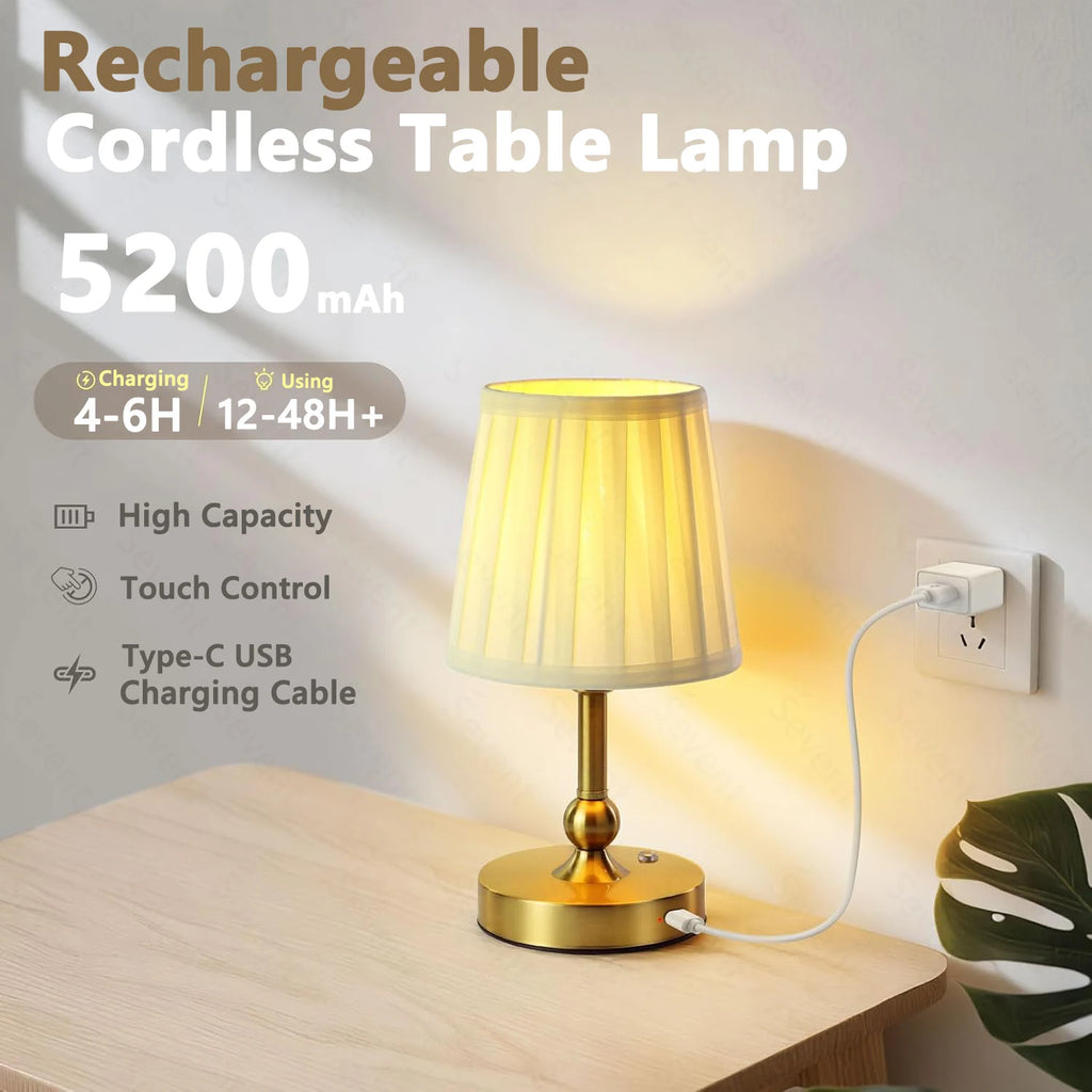 Champagne gold rechargeable cordless table lamp with ribbed shade and Type-C USB charging cable