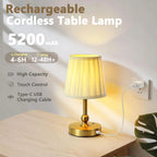 Champagne gold rechargeable cordless table lamp with ribbed shade and Type-C USB charging cable