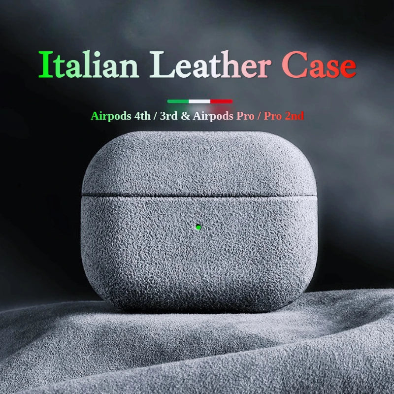 Italian suede AirPods case, Silver Mist textured finish, front view