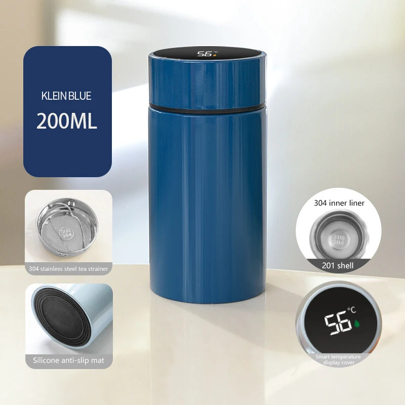 Petite smart thermos, deep blue 200ml body with black rim lid and digital temperature display