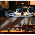 LED touch lamp with black base and tall stem, glowing rectangular light panel at top