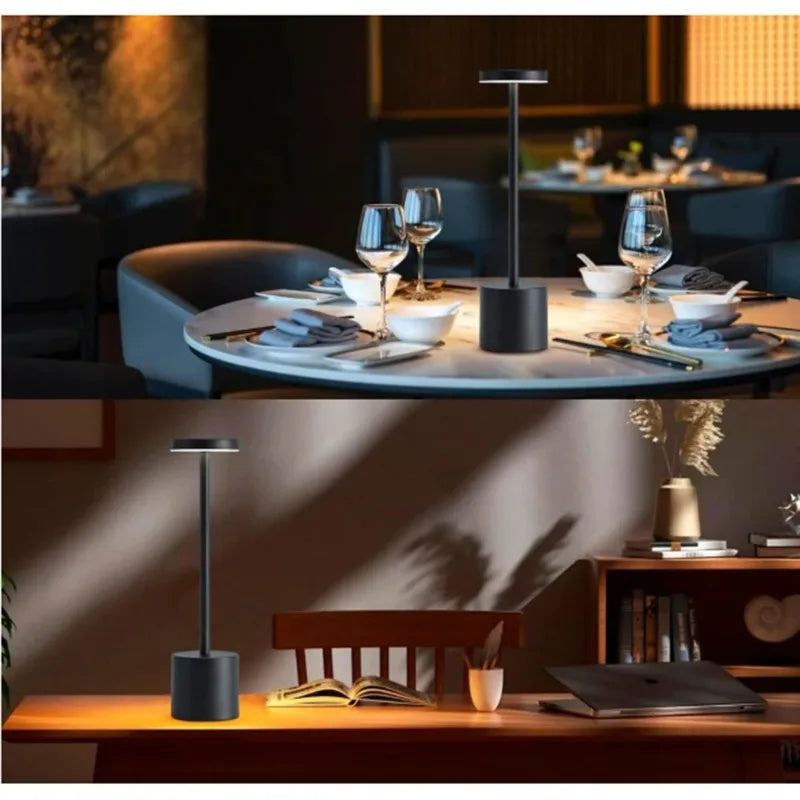 LED touch lamp with black base and tall stem, glowing rectangular light panel at top