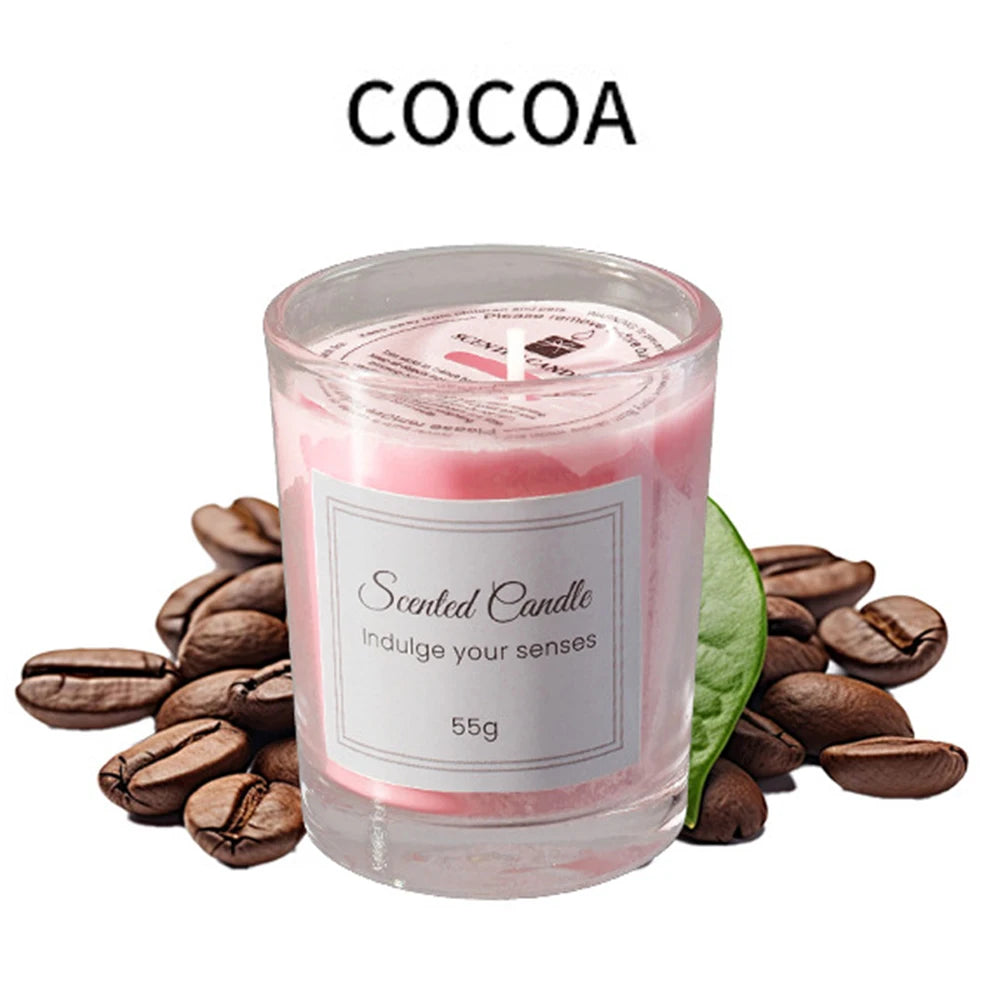 Cocoa scented candle in clear glass jar with pink wax, 55g