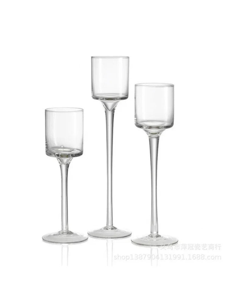 Three-piece tall glass candle holder set, clear cups on slender stems