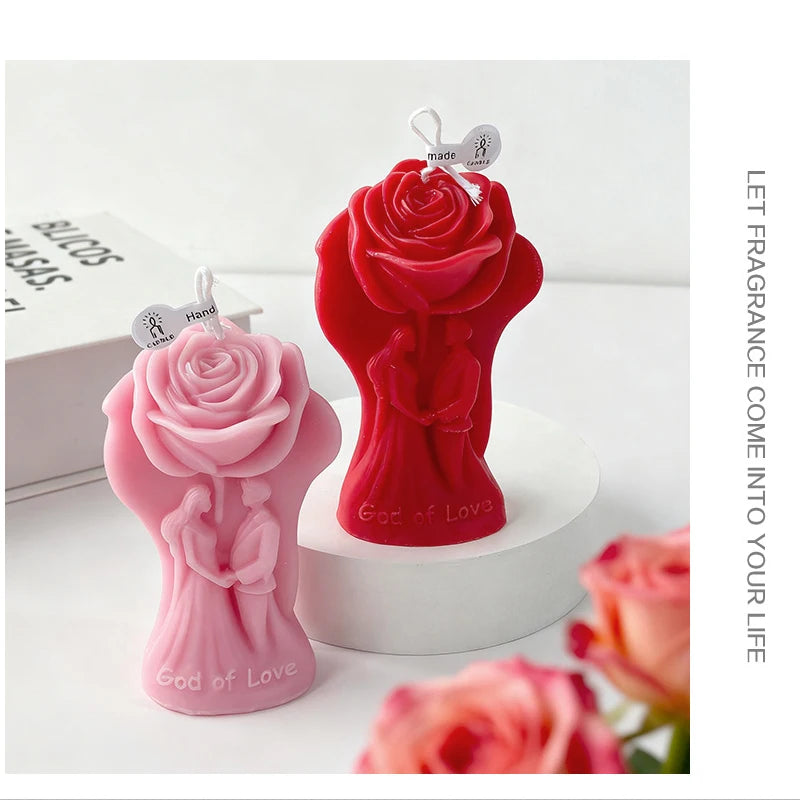 Rose ritual candle set: red and pink rose-shaped candles on a white base