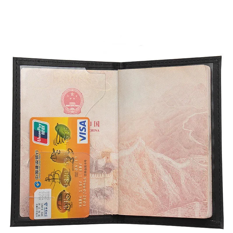 Open black passport sleeve with outer pockets showing a passport and ID card slot