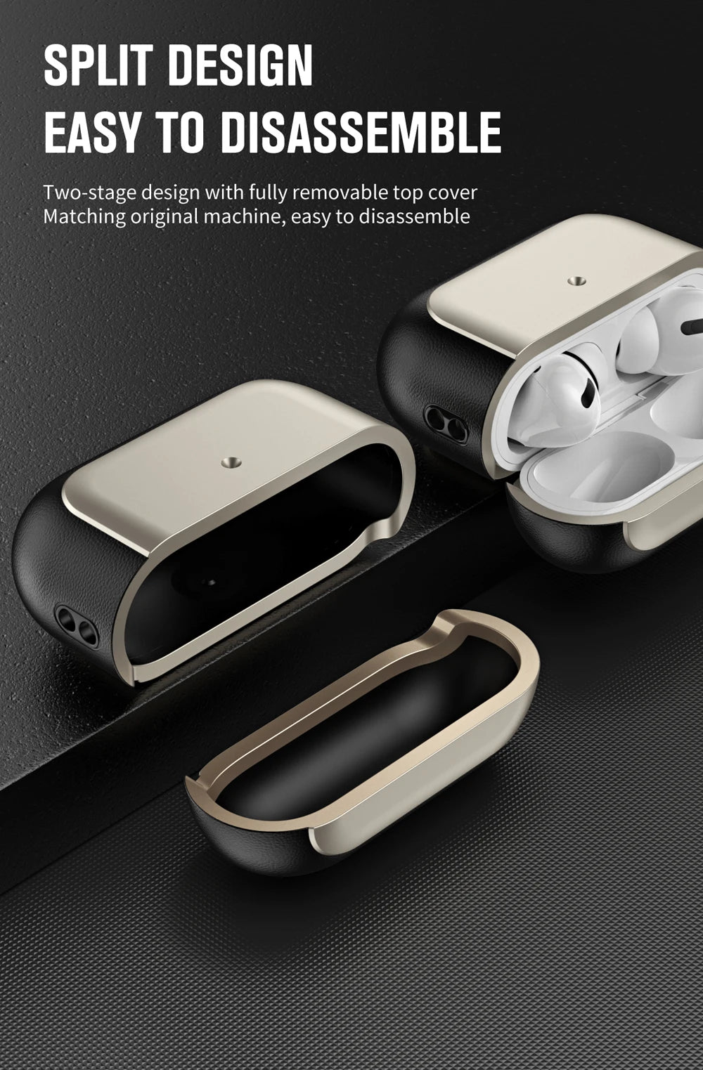 Shockproof split case cover with removable top, leather-pattern texture, for AirPods Pro 2