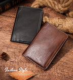 Warm espresso leather slim passport wallet beside a dark leather version, stitched border