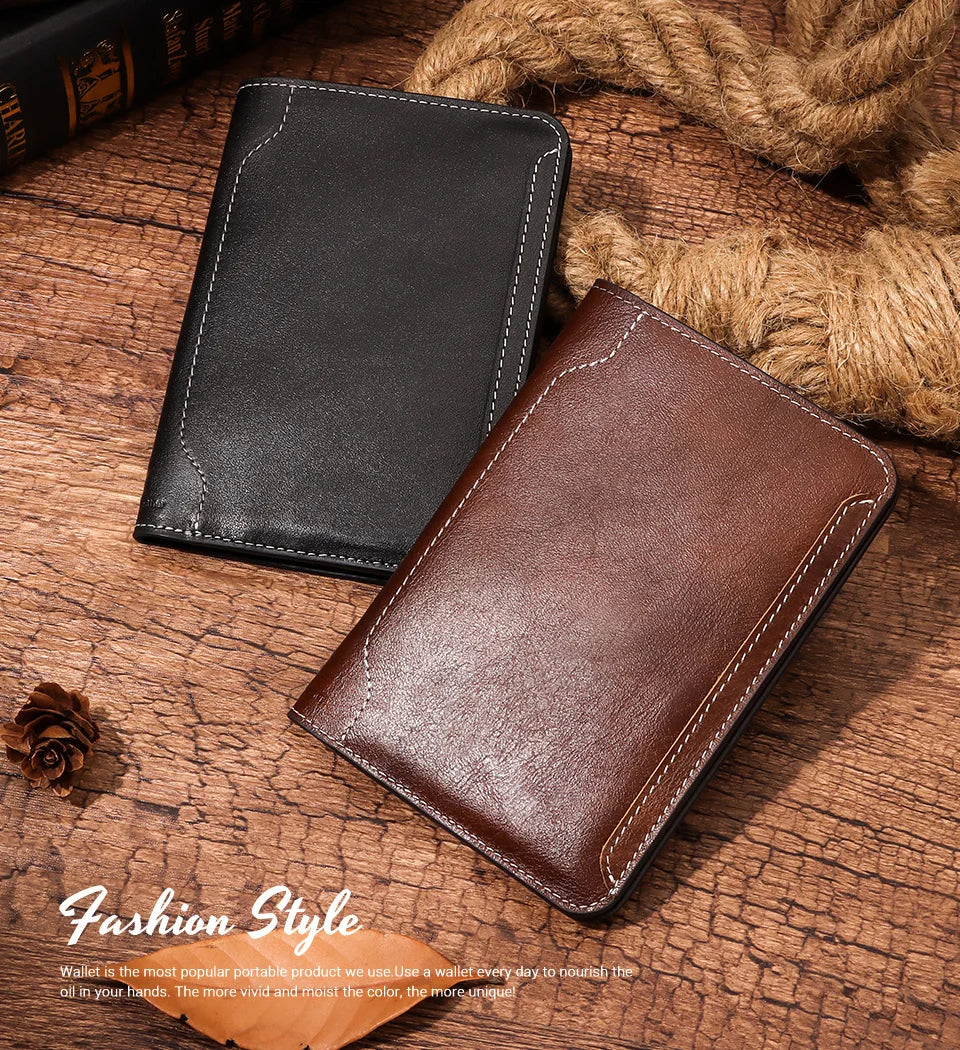 Warm espresso leather slim passport wallet beside a dark leather version, stitched border