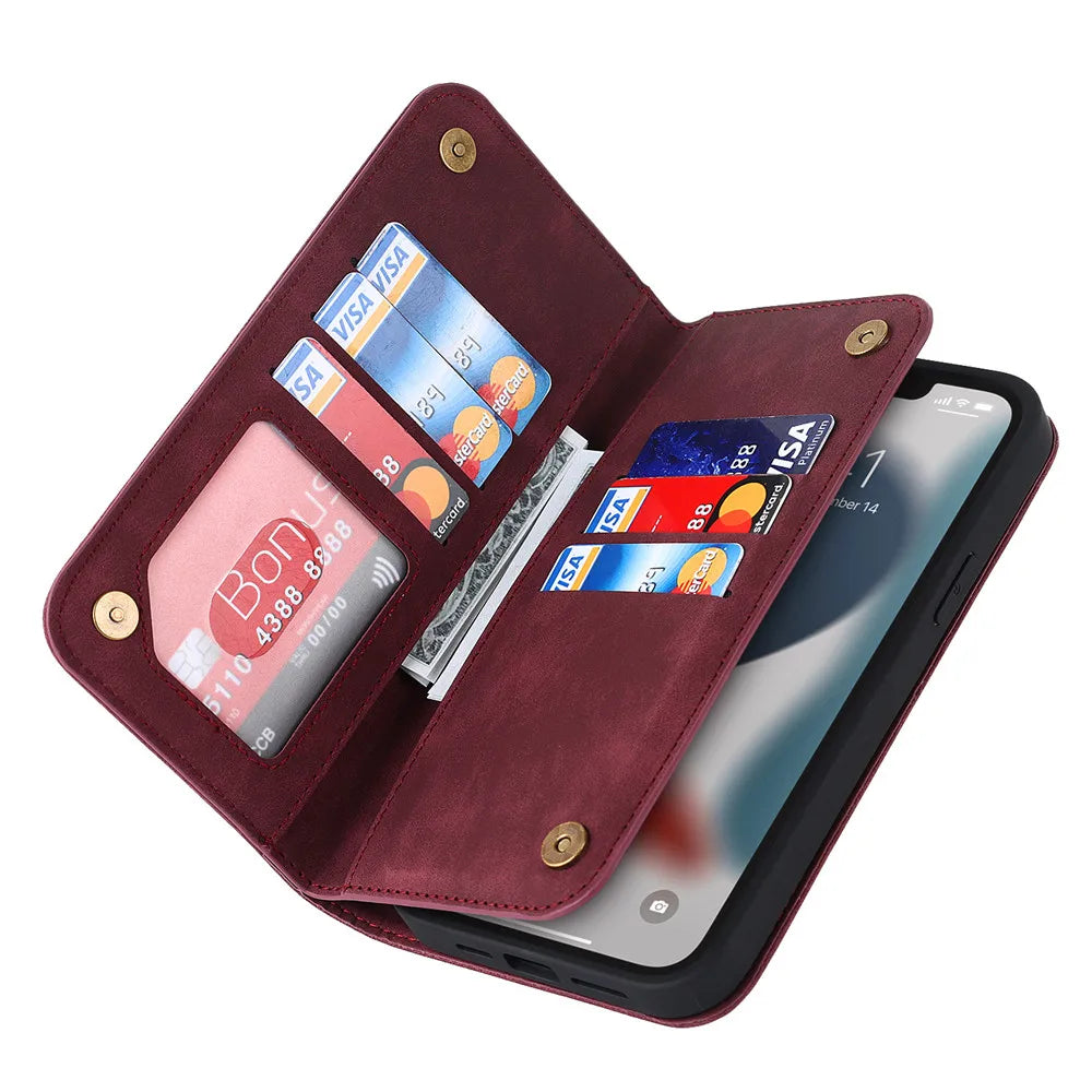 MagSafe wallet, burgundy leather, flip card case with snap buttons and card slots