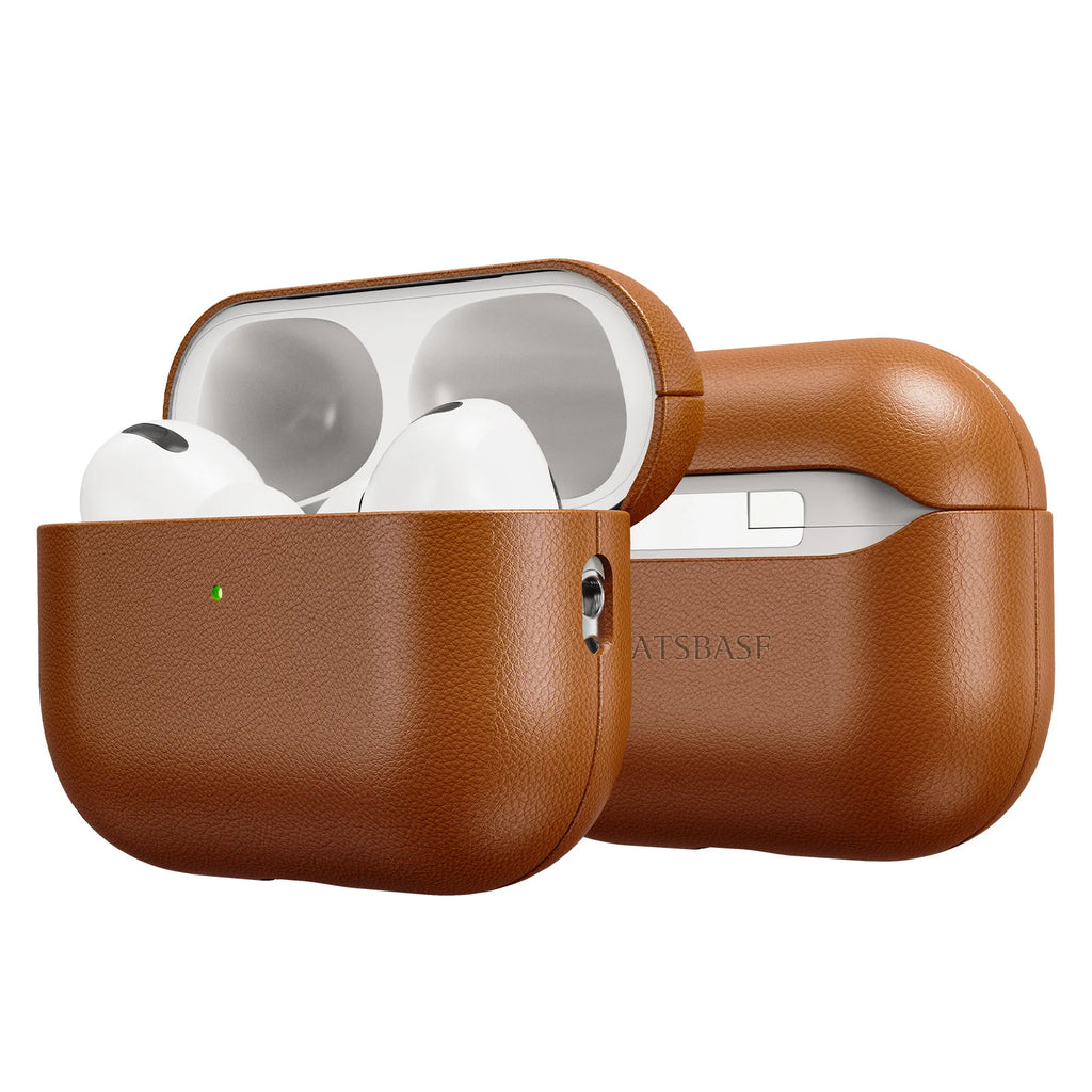 Genuine leather AirPods Pro 3 case in brown, with metal hook and clip