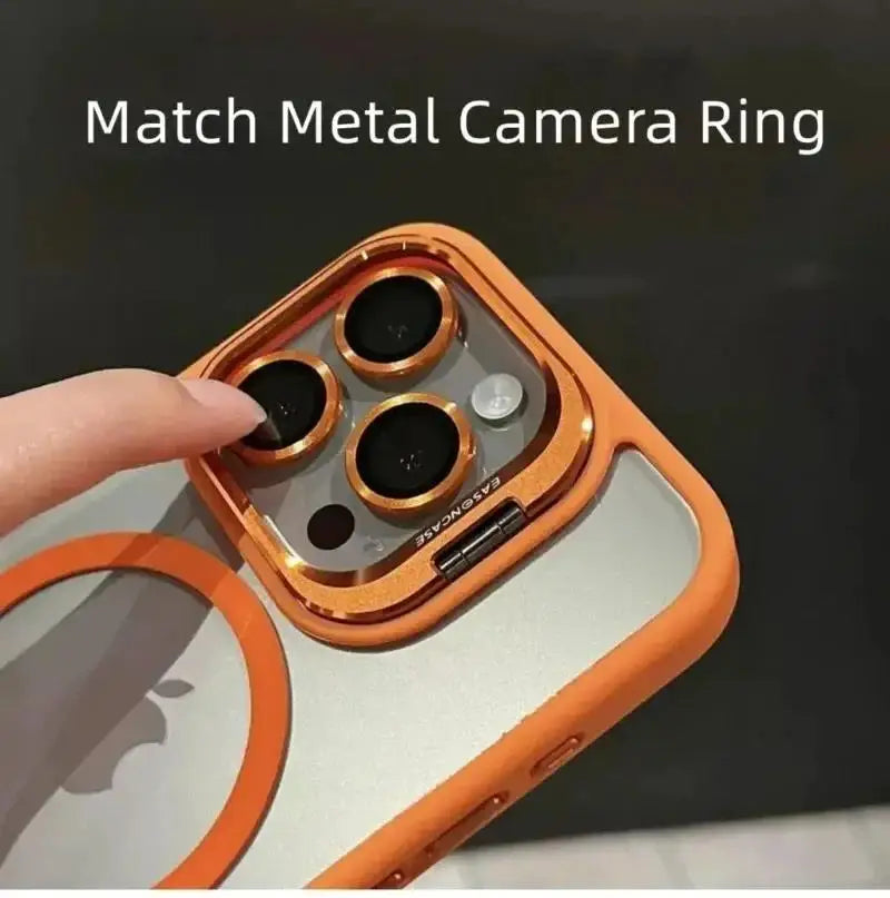Orange magnetic lens phone case with metal camera rings and side camera cutout