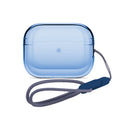Translucent blue clear shield AirPods case with attached wrist strap and cord clip