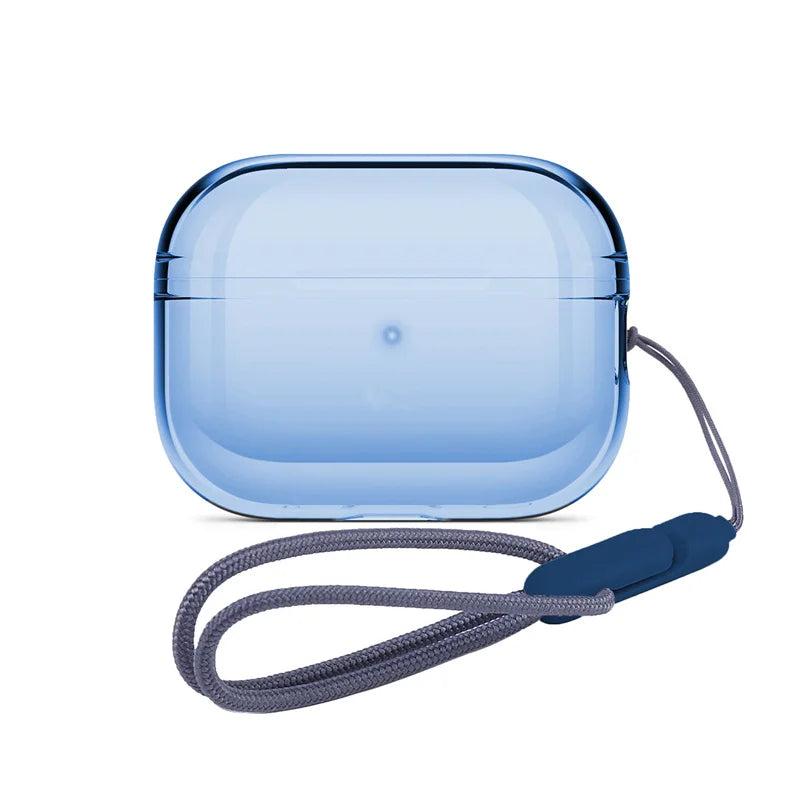 Translucent blue clear shield AirPods case with attached wrist strap and cord clip