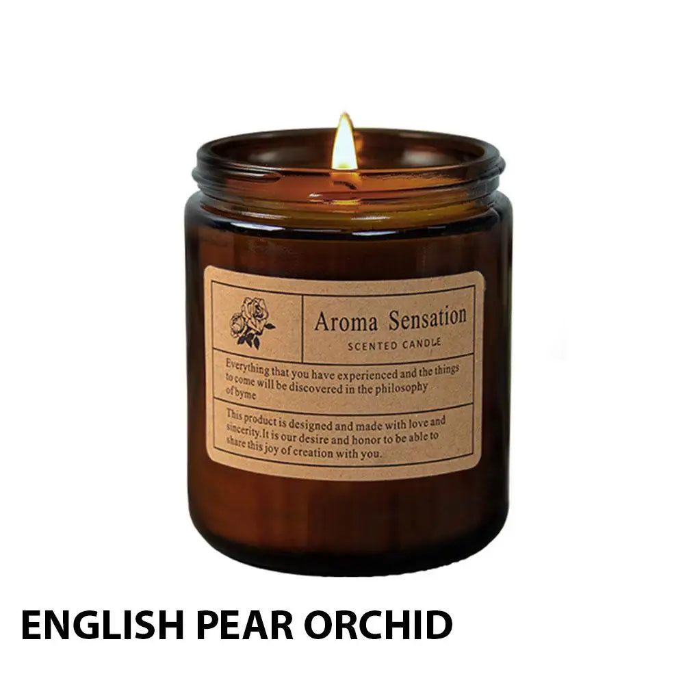 Luxury glass cup scented candle in amber jar, "English Pear Orchid" label