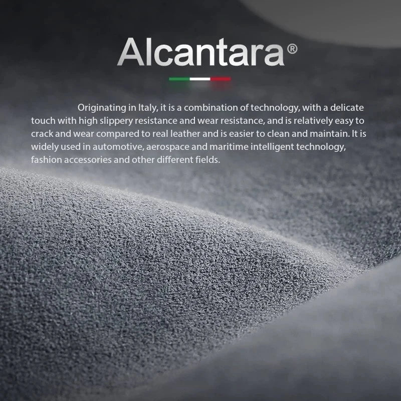 Alcantara signature fabric close-up, textured gray suede-like material surface
