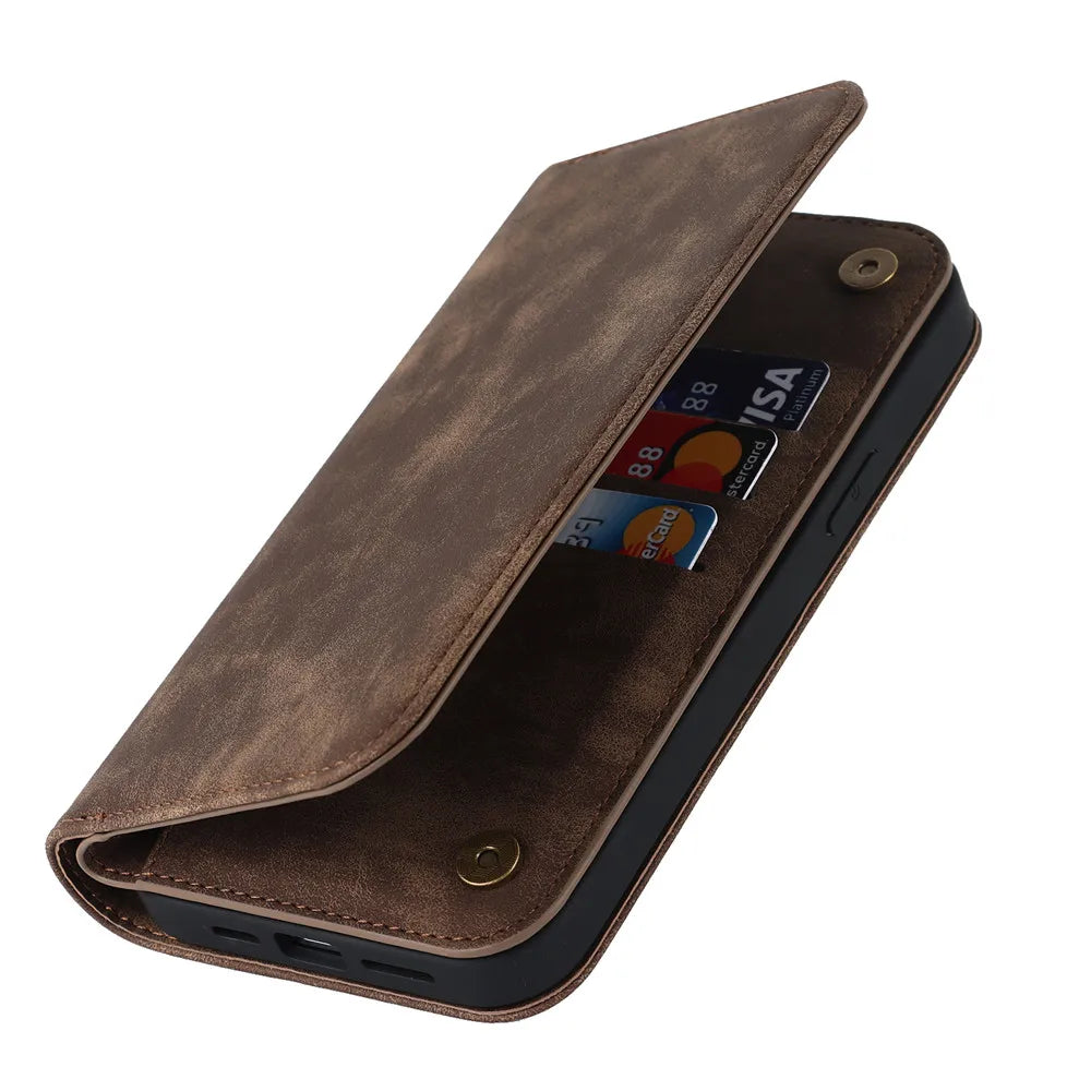 Cognac brown kickstand MagSafe wallet with card window and folded flap