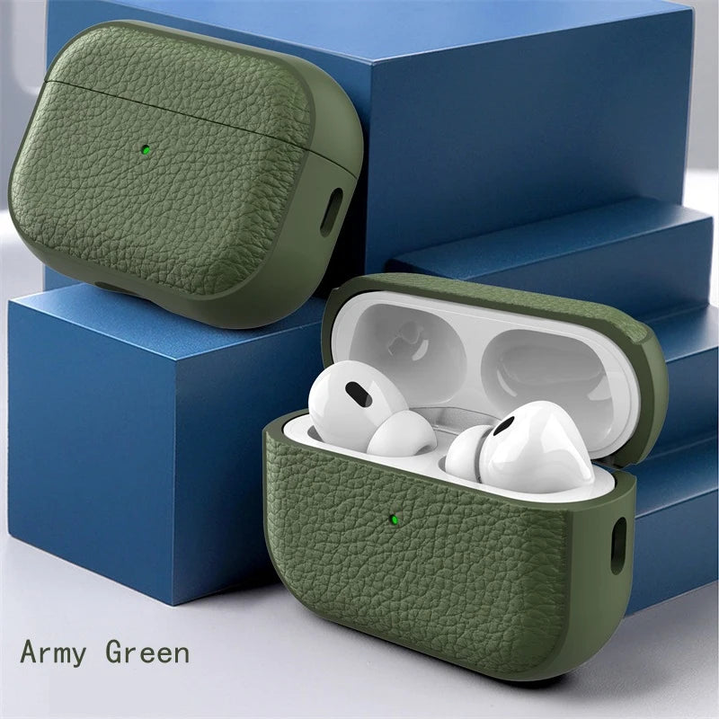 Army green leather AirPods case with lid open and earbuds inside