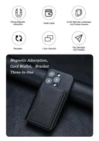 Three-in-one tri-fold wallet stand, black leather-style with card slots and phone bracket