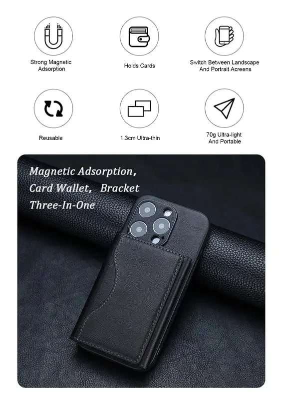 Three-in-one tri-fold wallet stand, black leather-style with card slots and phone bracket