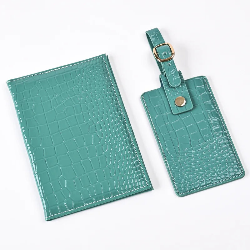 Forest green vegan leather passport cover set with croc embossed texture and clasp strap