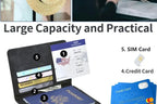 Black passport wallet interior with boarding pass, cash, passport, and card compartments